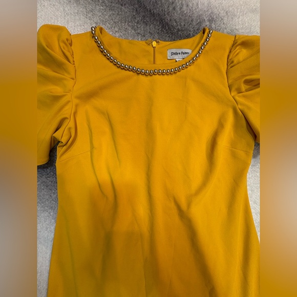 Shelby & Palmer‎ Mustard Yellow Beaded Strand Neck Puff Sleeve Sheath Dress 12 - Picture 2 of 8